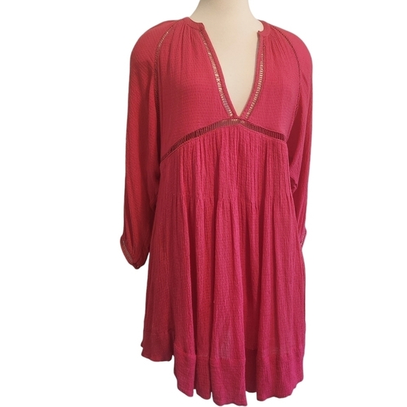 FREE PEOPLE GO LIGHTLY V-NECK 3/4 SLEEVE SWING DRESS HOT PINK SIZE SMALL - Picture 6 of 10